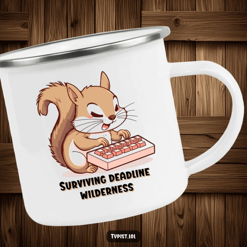 Funny squirrel camping mug showing a flustered squirrel typing on a small keyboard, ideal for outdoor enthusiasts who love humor.