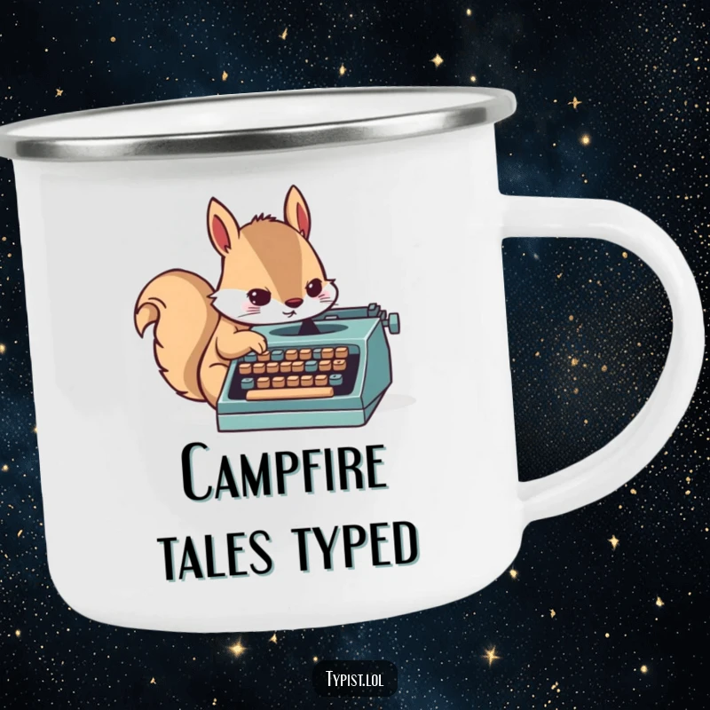 Funny enamel camping mug with a determined squirrel typing furiously on a small typewriter, ideal for outdoor humor.