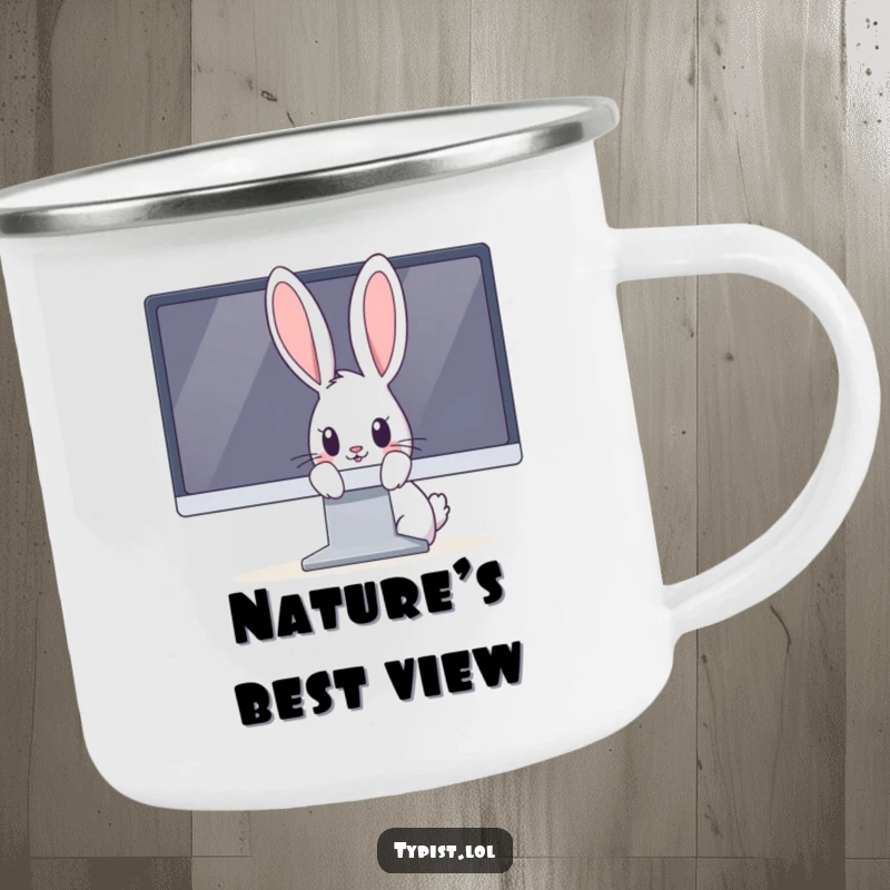 Funny rabbit camping mug showing a curious bunny peeking from behind a large computer monitor, ready for adventure.
