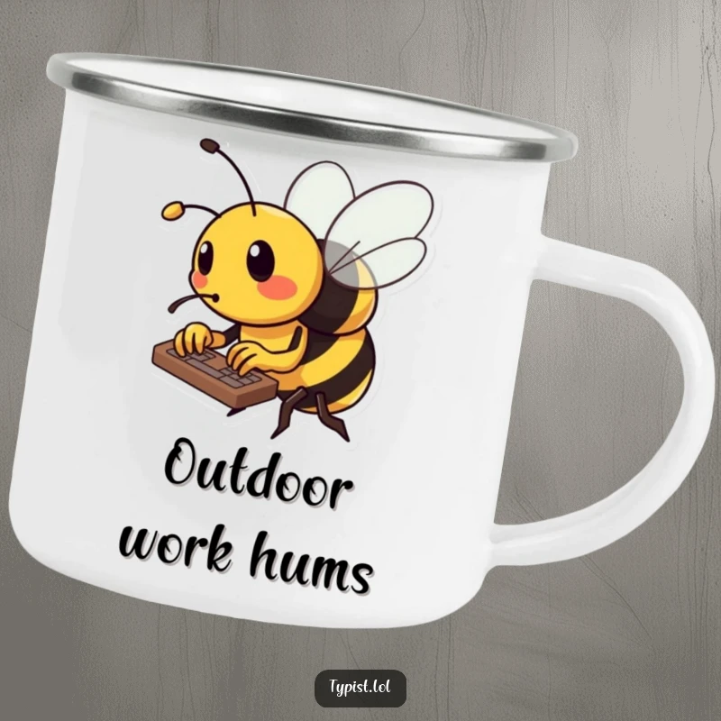 Funny bee camping mug showing a busy bee typing rapidly on a keyboard with its tiny stinger, working outdoors.