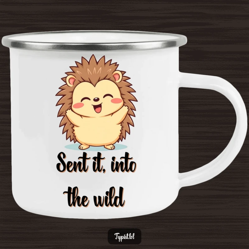 Funny camping mug with a happy hedgehog showing triumph after hitting send, perfect for outdoor celebrations.