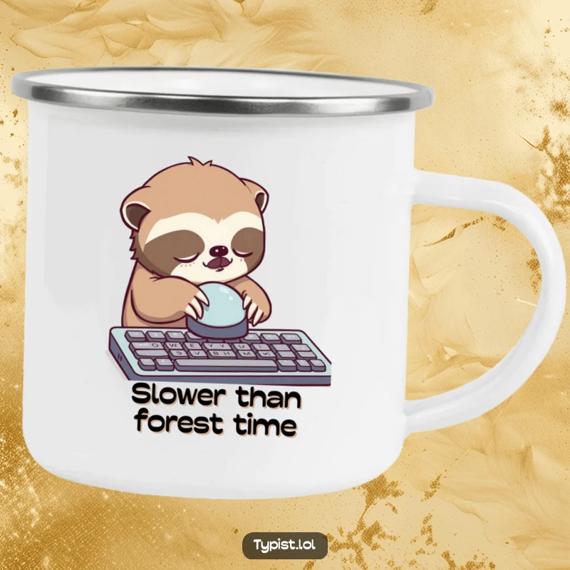 Funny sloth camping mug, sleepy sloth slowly pressing a large keyboard button, durable enamel.