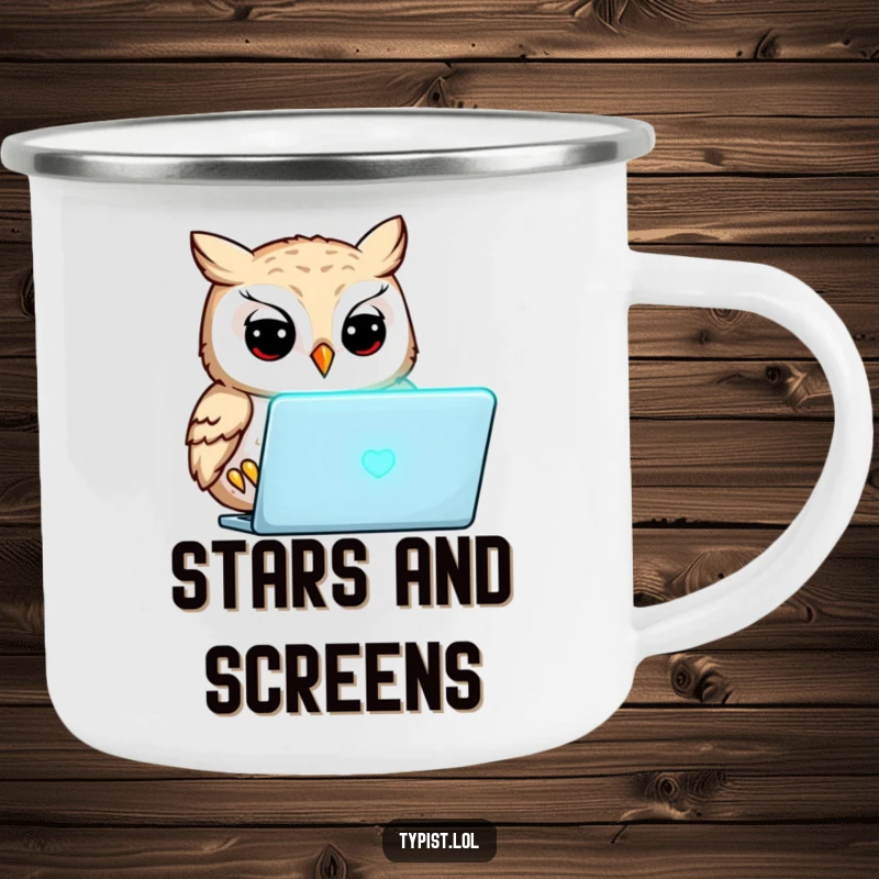 Funny owl concentrating on a glowing laptop screen, enamel camping mug, humorous and durable, perfect for night owls.