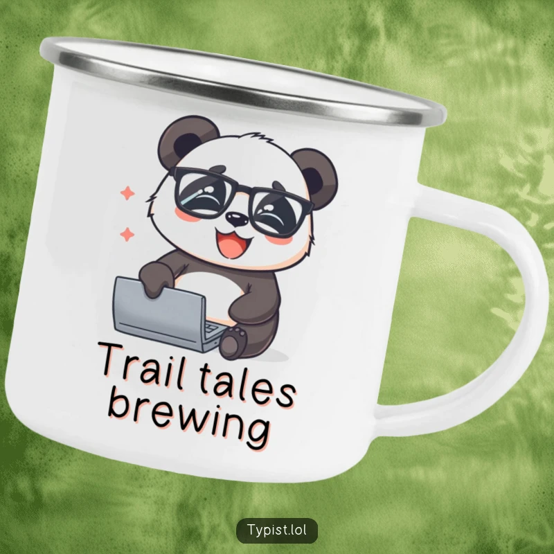Funny panda with glasses typing with joy, featured on a sturdy camping mug for intellectual adventurers and panda lovers.