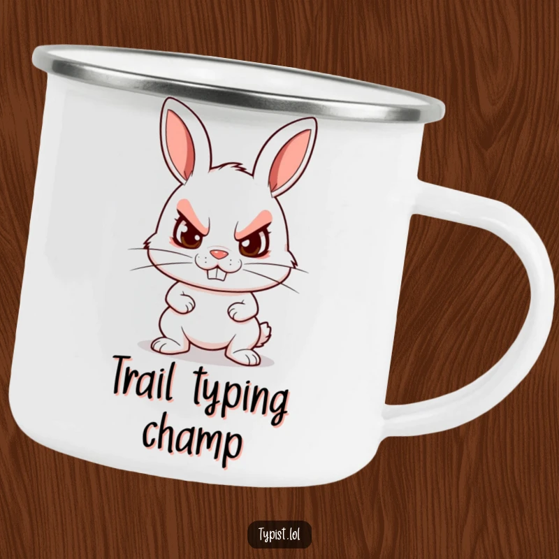 Funny camping mug with a determined rabbit furiously typing, ideal for fueling outdoor adventures with humorous motivation.