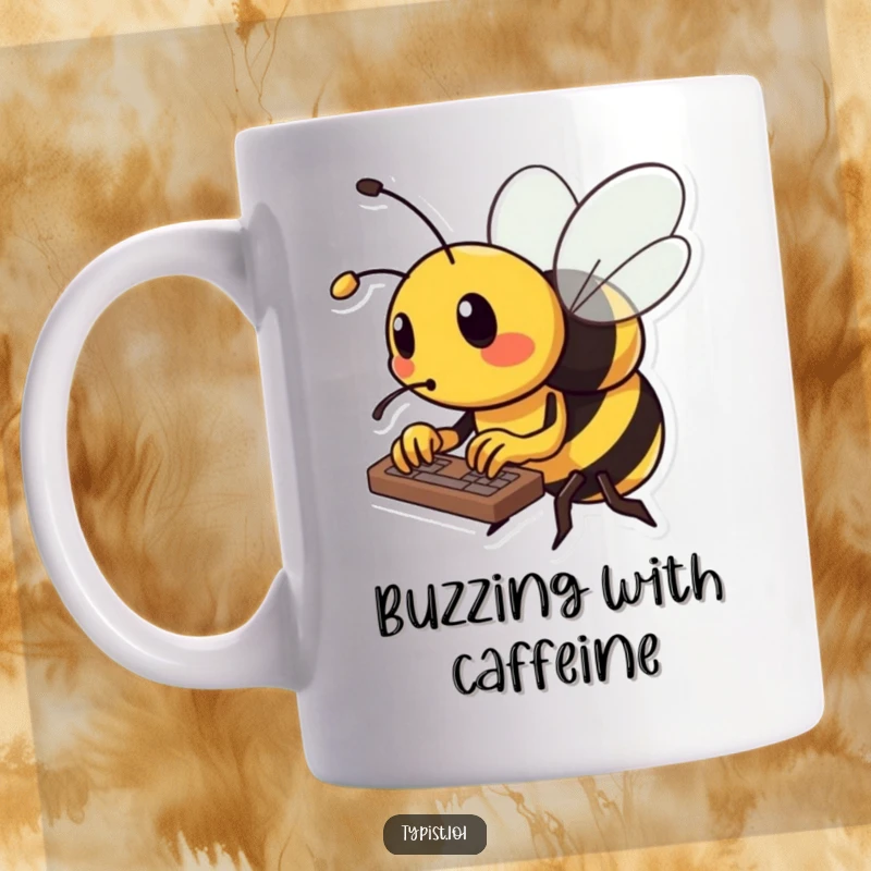 Funny bee mug showing a busy bee typing rapidly on a keyboard using its tiny stinger, working diligently.