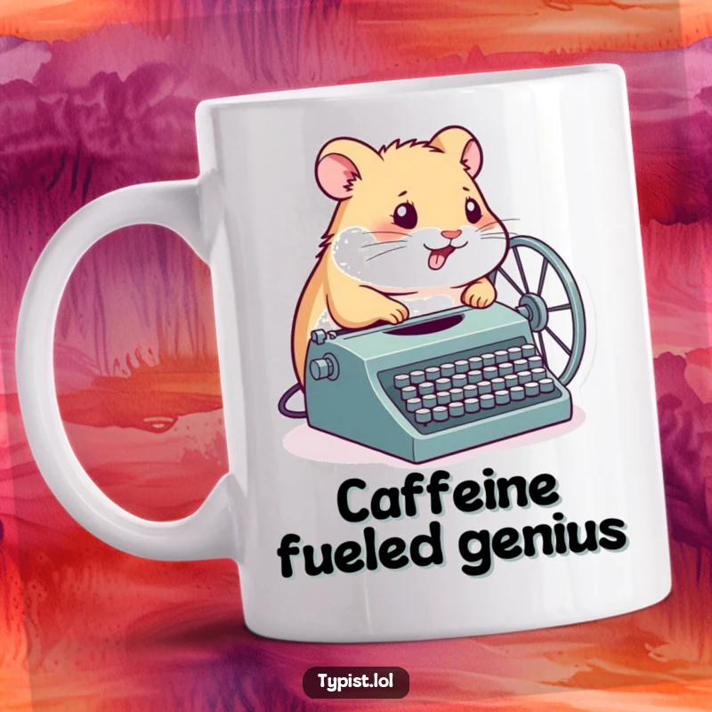 Funny Hamster Mug: A determined hamster spins its wheel connected to a typewriter, symbolizing productivity and a funny gift.