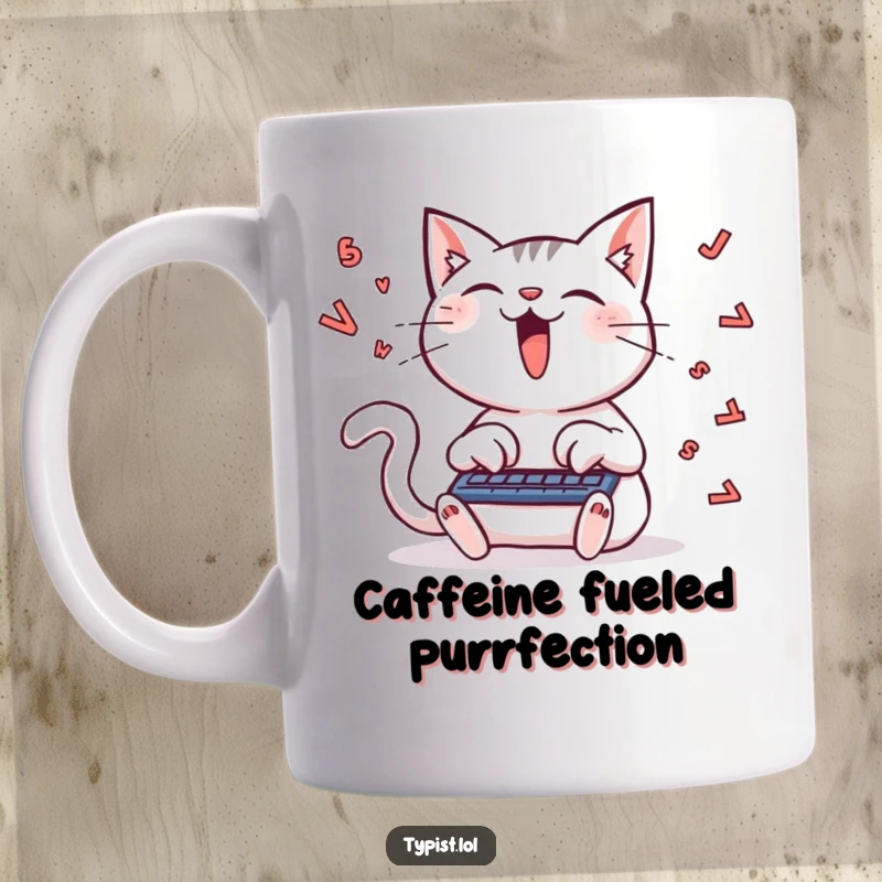 Funny mug featuring a delighted cat furiously typing, leaving a trail of flying letters, showcasing intense focus and feline charm.