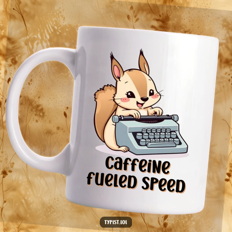 Funny Squirrel Typewriter Mug: A happy squirrel rapidly pecks at a miniature typewriter, full of energy. Great for writers.