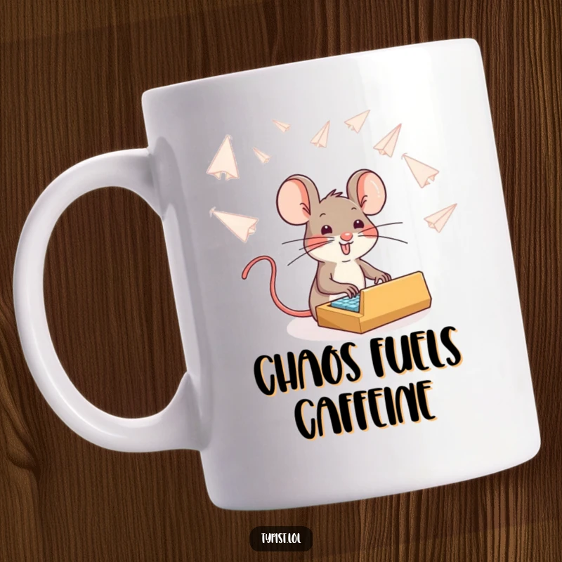 Funny brave mouse typing diligently amidst falling paper airplanes, humorous desk mug, inspirational and cute.