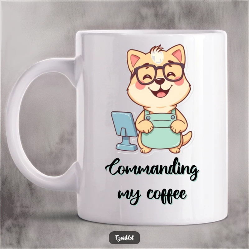 Funny mug showing a smiling dog wearing glasses and an apron, typing computer commands with a friendly demeanor.