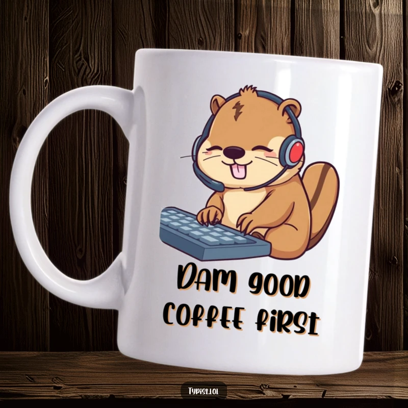 Funny mug showing a busy beaver wearing a headset, enthusiastically typing on computer keys, representing focused customer service and hard work.