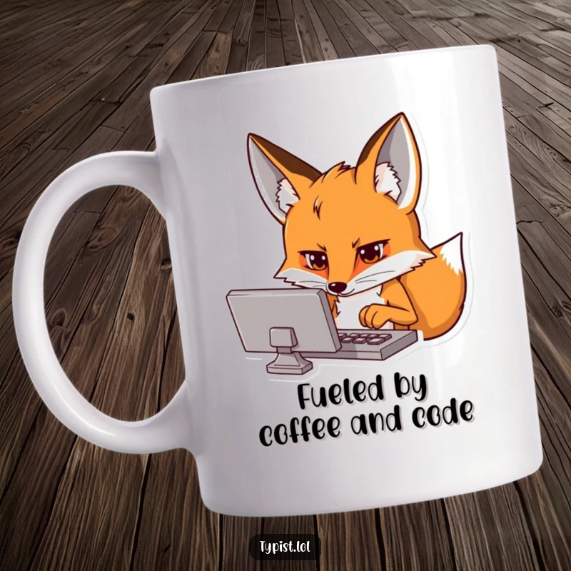 Funny mug showing a curious fox intensely focused on a glowing screen with typing hands, symbolizing tech obsession.