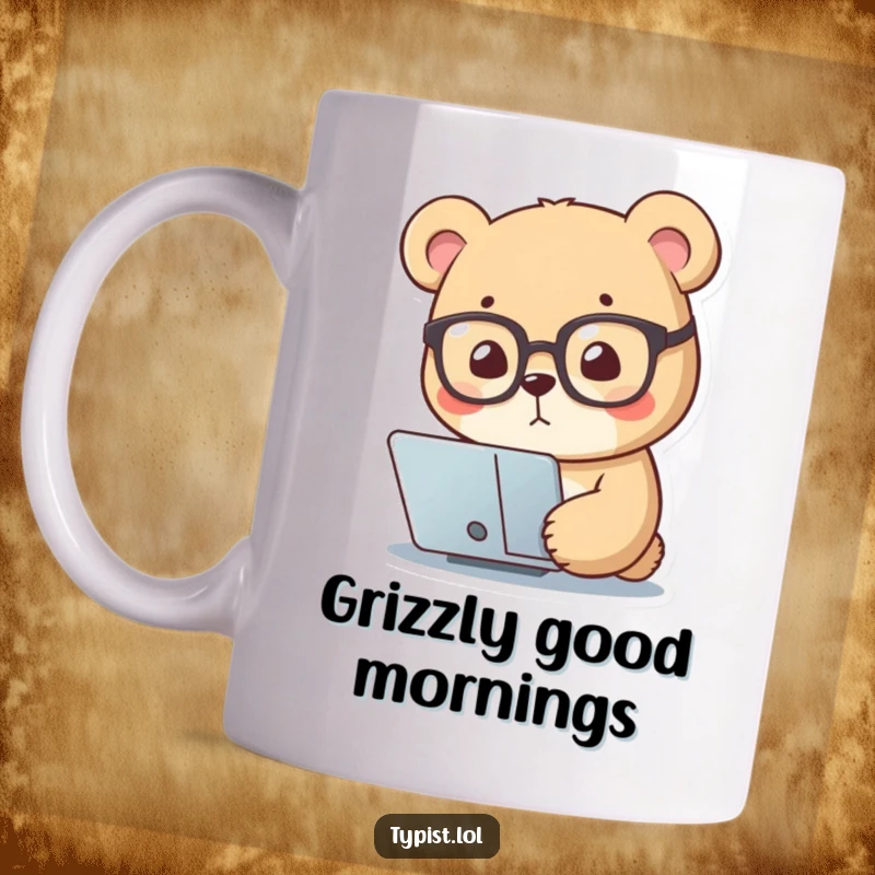 Funny mug featuring a small bear wearing reading glasses, intently focusing on a screen, embodying deep thought and curiosity.