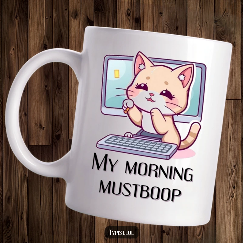 Funny cat mug featuring a playful cat batting at a computer cursor on a screen, symbolizing feline tech interference.