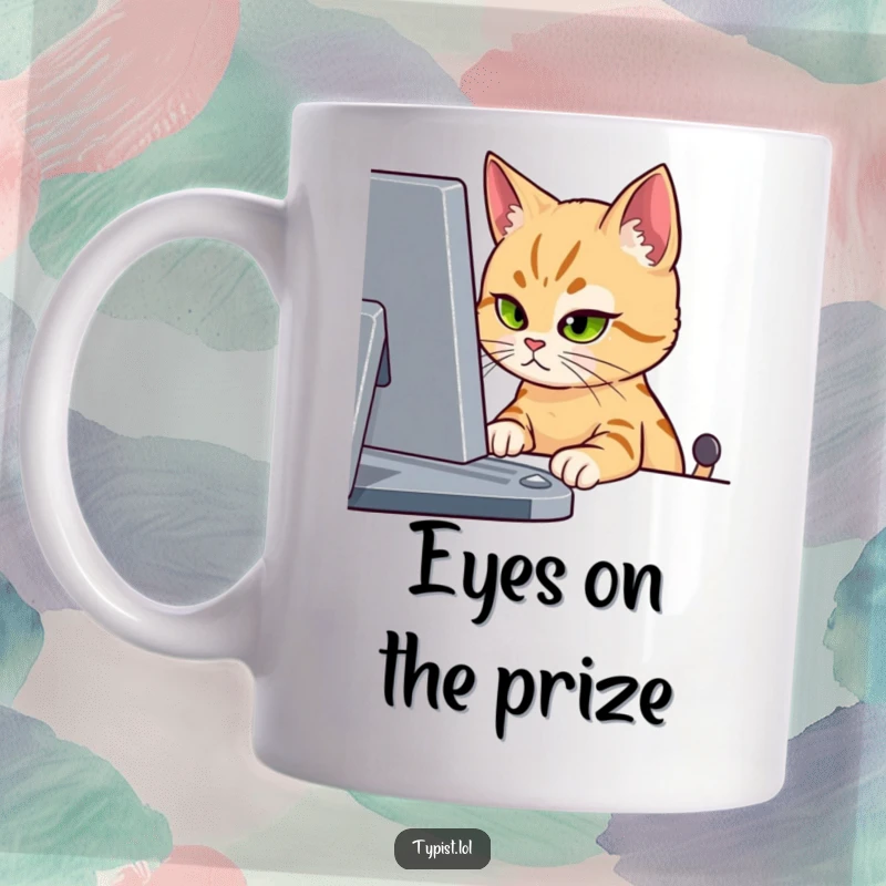 Funny mug showing a cat intensely staring at a computer screen with one eye, symbolizing deep concentration or obsession.