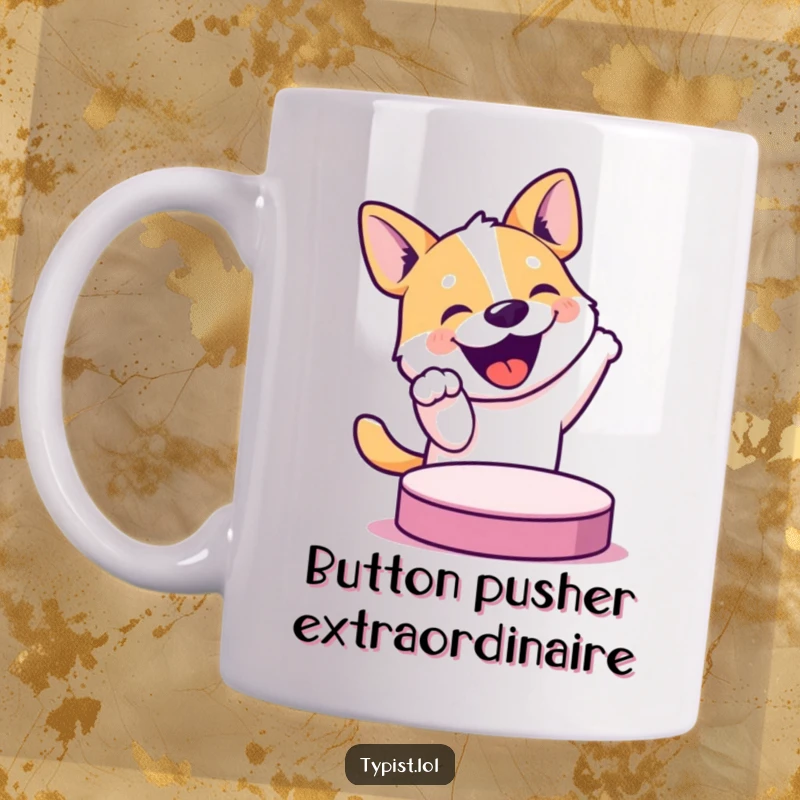 Funny mug featuring an excited, bouncing dog about to push a comically large button, radiating pure anticipation and playful energy.