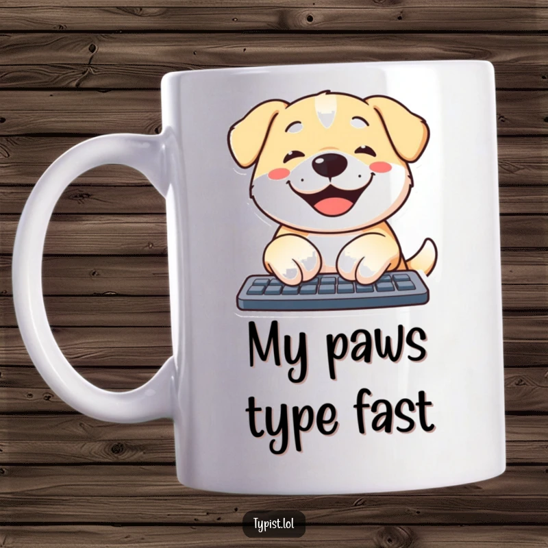 Funny dog mug showing a content dog with a huge smile intensely typing on a keyboard with its paws, bringing joy.