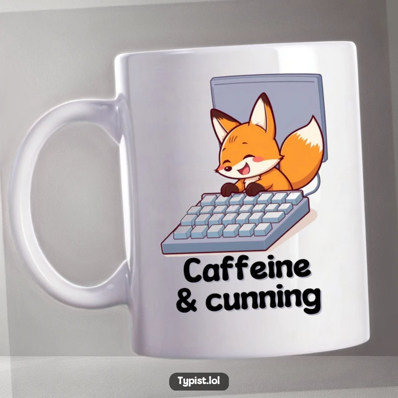 Funny mug showing a happy fox grinning while pecking quickly at a giant computer keyboard, embodying tech excitement.