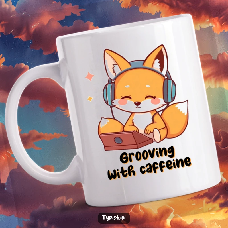 Funny mug featuring a cute fox character wearing headphones, bopping its head while typing, enjoying music and work.