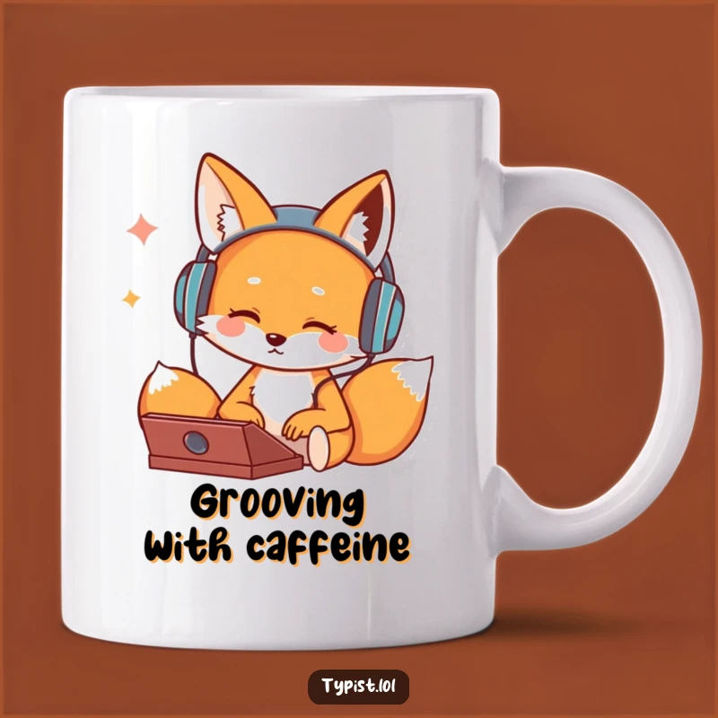 Funny Fox Typing Mug: Groovy Beats and Humorous Productivity Gift