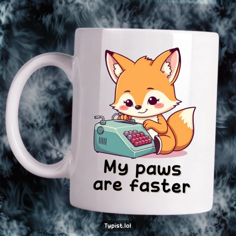 Funny fox wearing glasses, determined grin, typing on a tiny typewriter, perfect for writers, humorous gift mug.