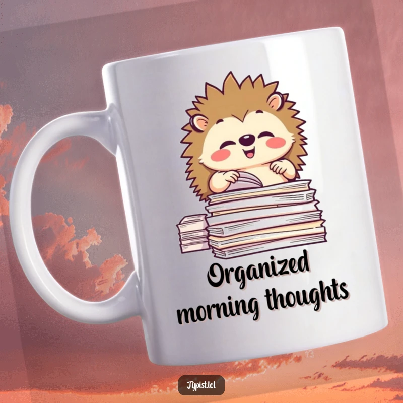 Funny mug with a happy hedgehog character carefully organizing neat stacks of paper, symbolizing order and calm.