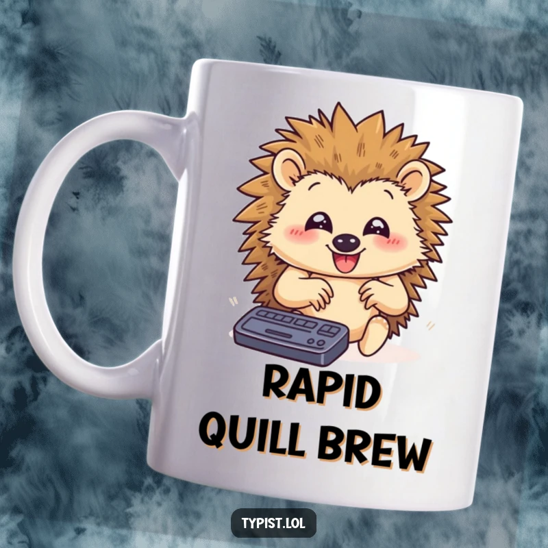 Funny mug depicting a happy hedgehog typing furiously with its paws a blur, embodying speed and productivity with a smile.