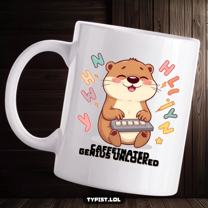 Funny otter mug showing a joyful otter typing at lightning speed, surrounded by swirling letters, symbolizing creative energy.