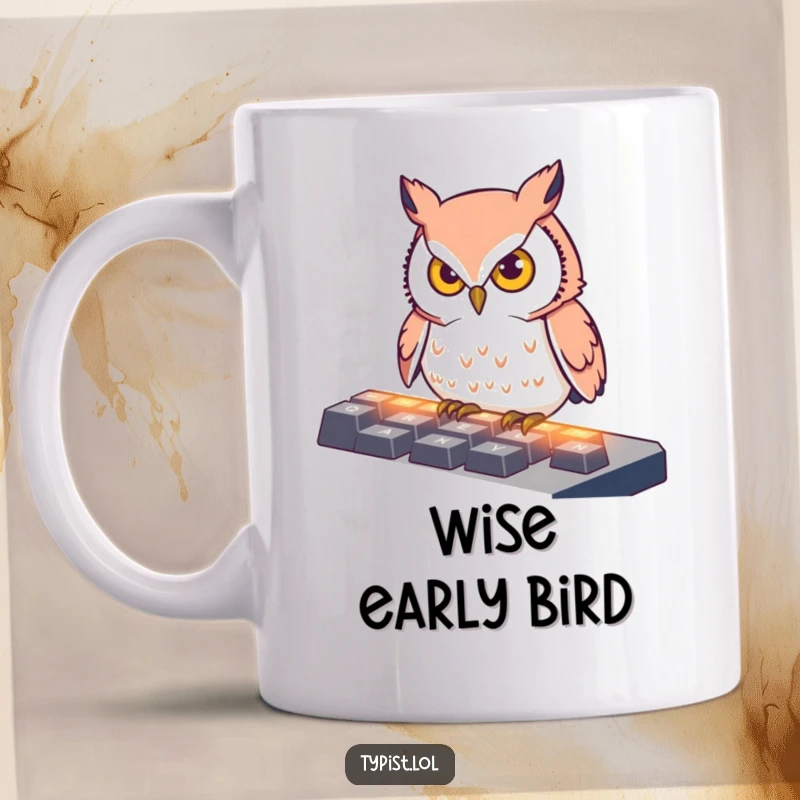 Funny Mug featuring a determined owl with focused eyes pecking at illuminated keyboard keys, symbolizing intense concentration and late-night work.