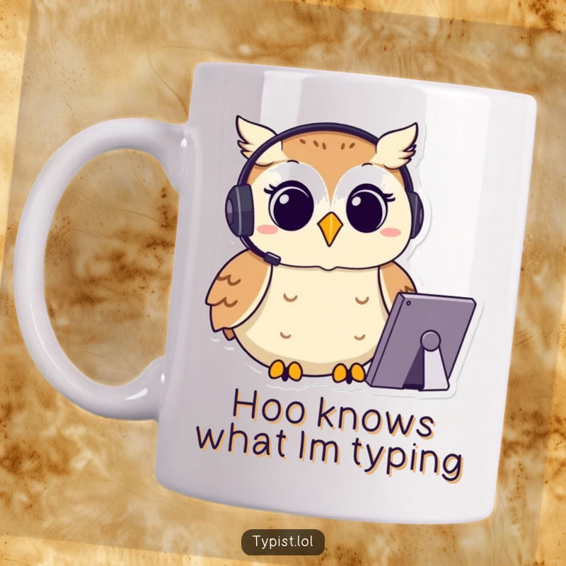 Funny Owl Typist Mug: A happy owl wearing a headset types intently, embodying focused productivity, perfect funny gift.