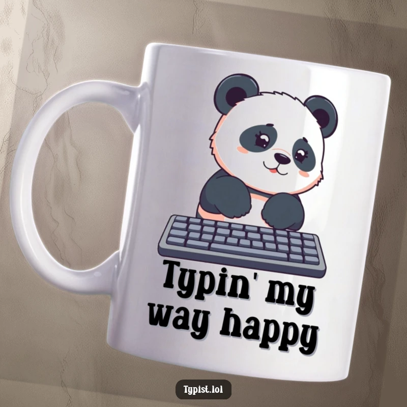 Funny panda rolling its paws on a keyboard with a curious, confused expression, perfect for tech humor gifts.