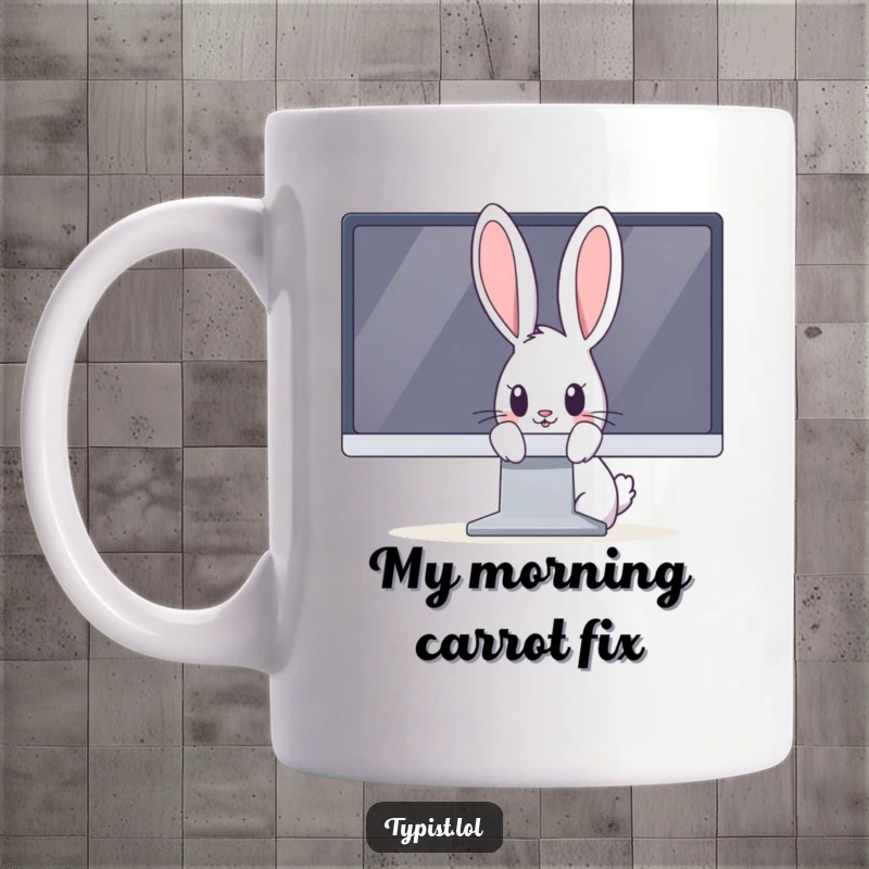 Funny rabbit mug featuring a curious bunny peeking out from behind a large computer monitor, looking intrigued.