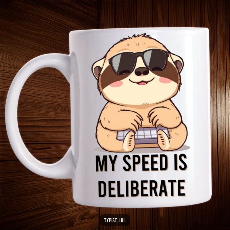 Funny sloth mug with a cheerful sloth happily typing very slowly on a computer, ideal for a humorous gift.