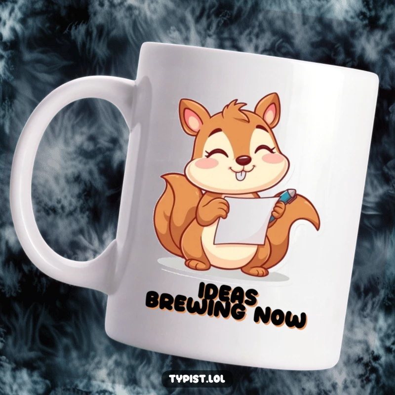 Funny mug featuring a happy squirrel character winking while holding a pen and paper, ready to write.