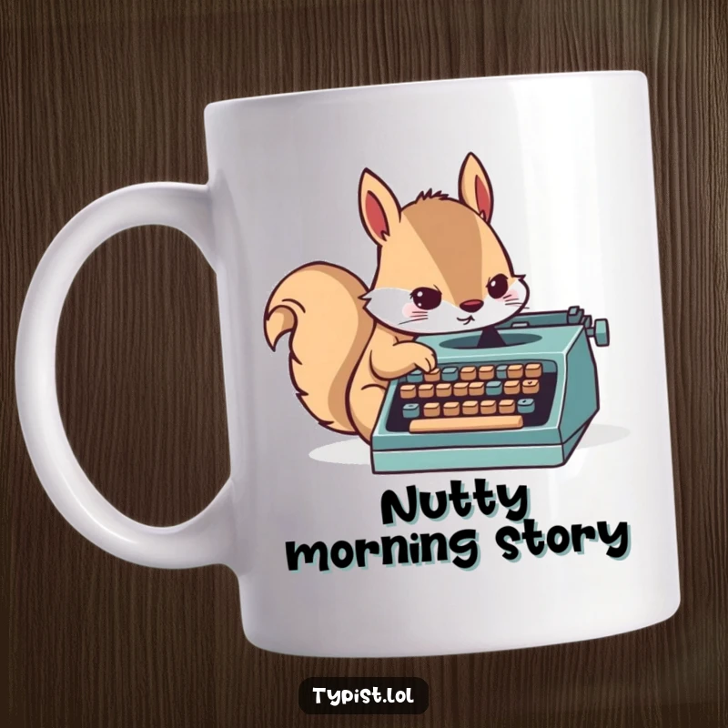 Funny mug with a determined squirrel character intensely typing on a very small typewriter, conveying busy creativity.