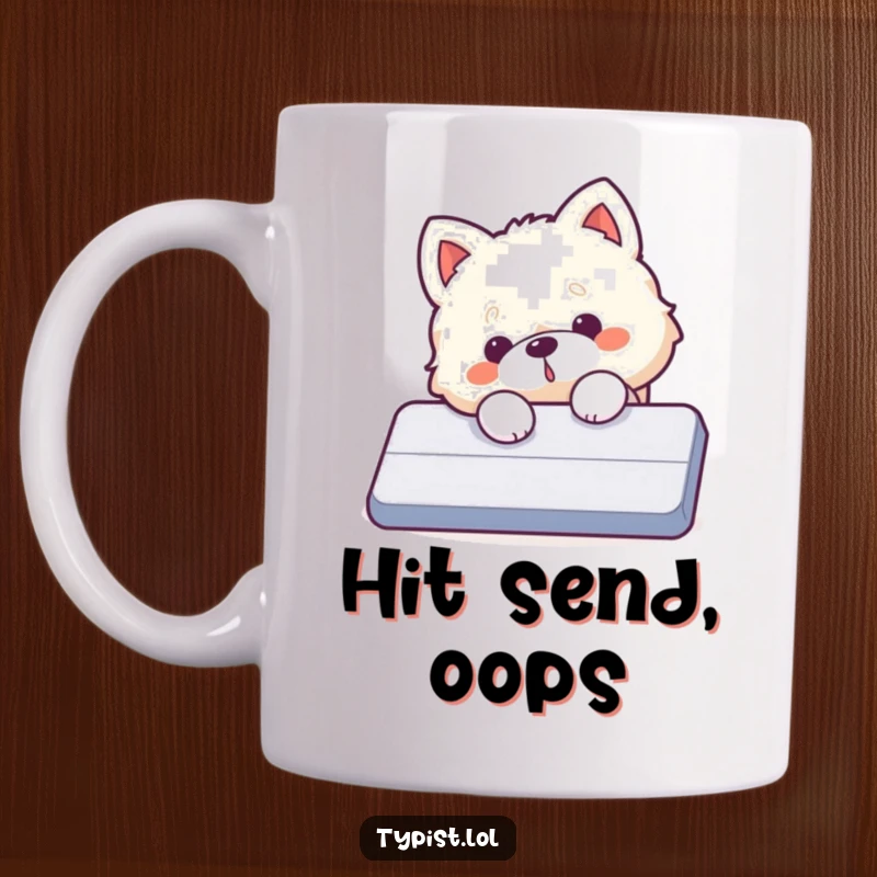 Funny dog mug, a fluffy puppy accidentally presses a giant enter key with its paw, causing digital chaos.