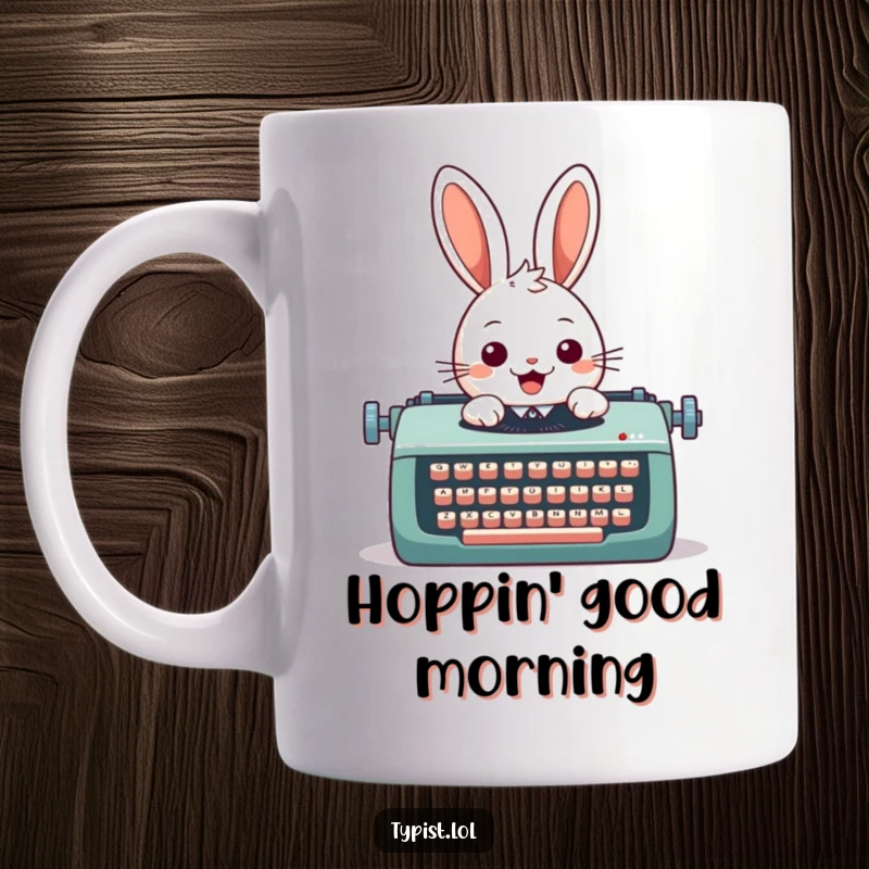 Funny mug featuring a cheerful rabbit enthusiastically tapping keys on an oversized typewriter, creating literary magic with a smile.