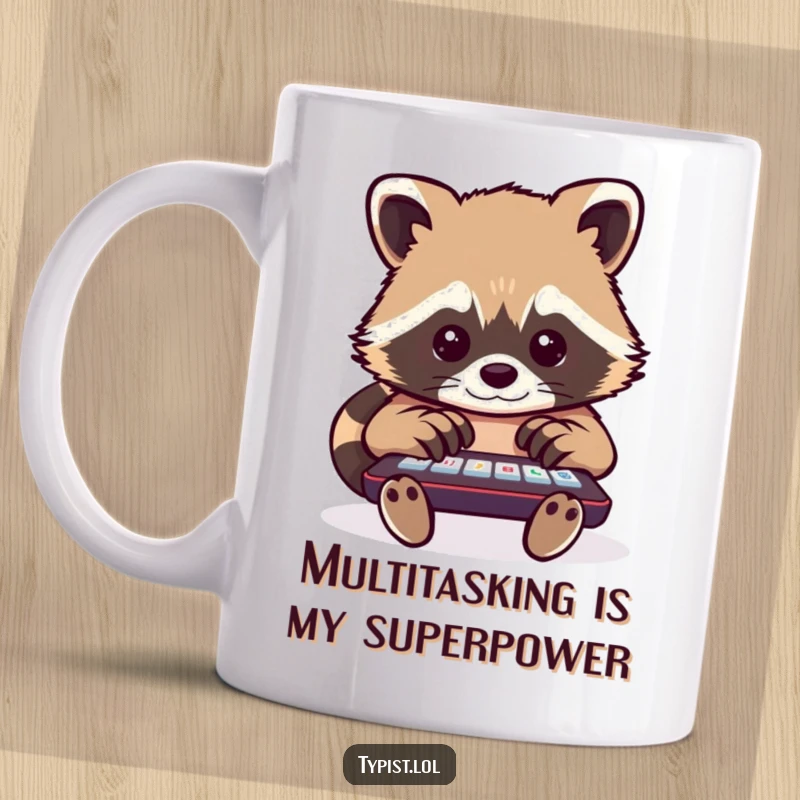 Funny raccoon mug showing a cheerful raccoon typing with many paws on a huge device, a humorous and busy design.