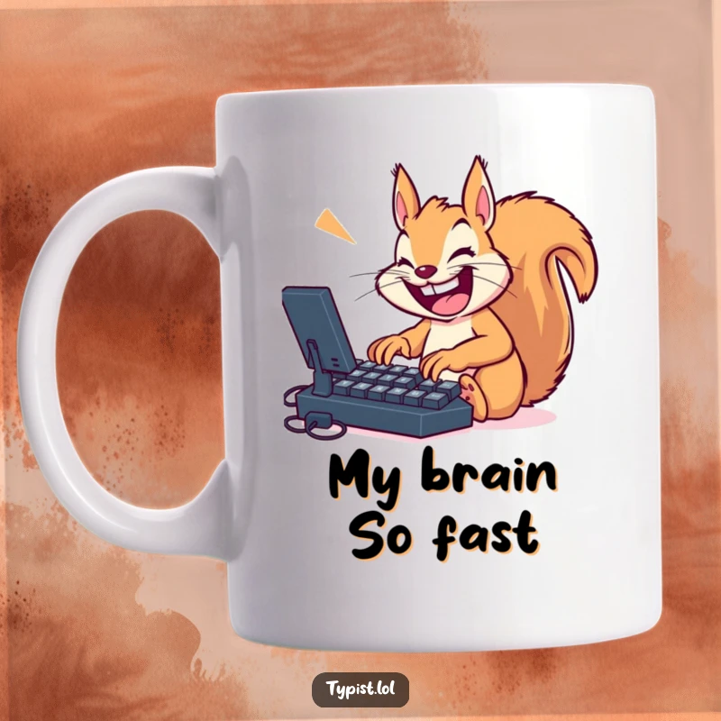 Funny squirrel typing furiously on a giant keyboard with a huge, happy grin, perfect for avid typists and animal lovers.