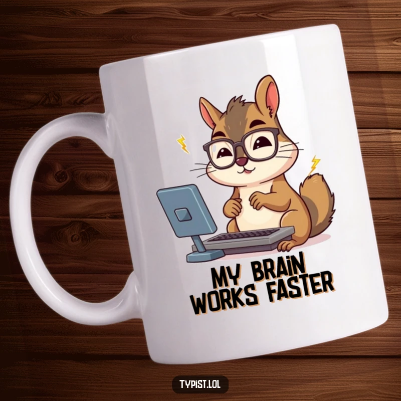 Funny squirrel wearing spectacles typing furiously on a keyboard, symbolizing productivity and speed, on a coffee mug.