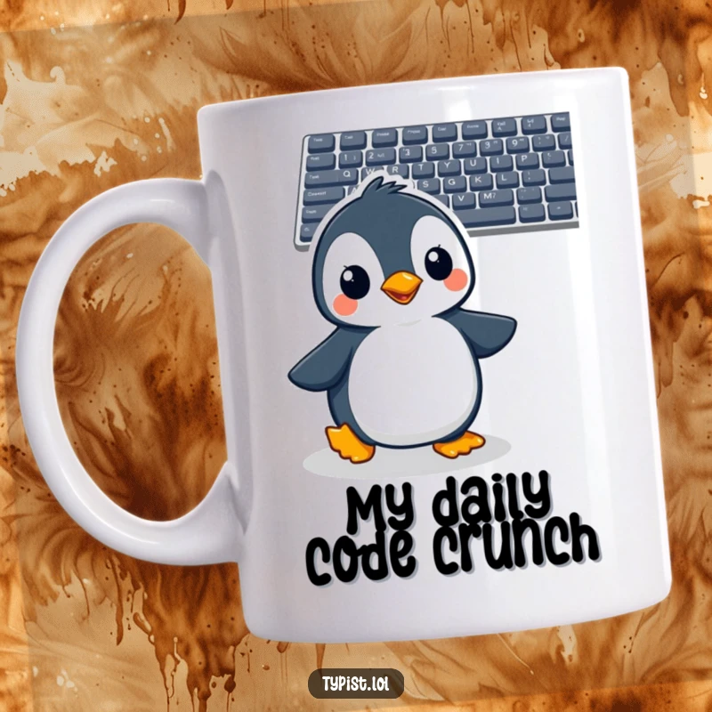 Funny penguin mug, waddling with excitement towards a computer keyboard, ready to type a hilarious message.