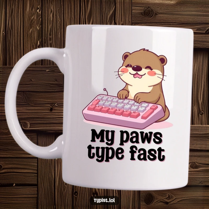 Funny Kawaii Otter Mug: A smiling otter joyfully types rapidly on a giant keyboard, expressing pure happiness. Ideal desktop companion gift.