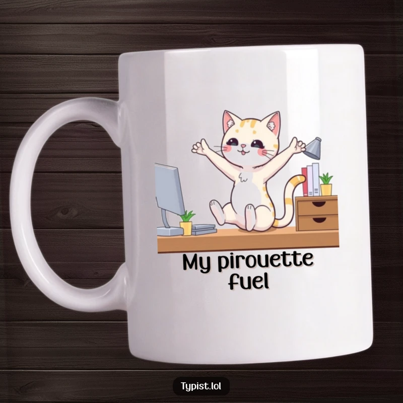 Funny cat mug with a playful feline striking ballet poses while seated at an office desk, exuding hilarious dedication.