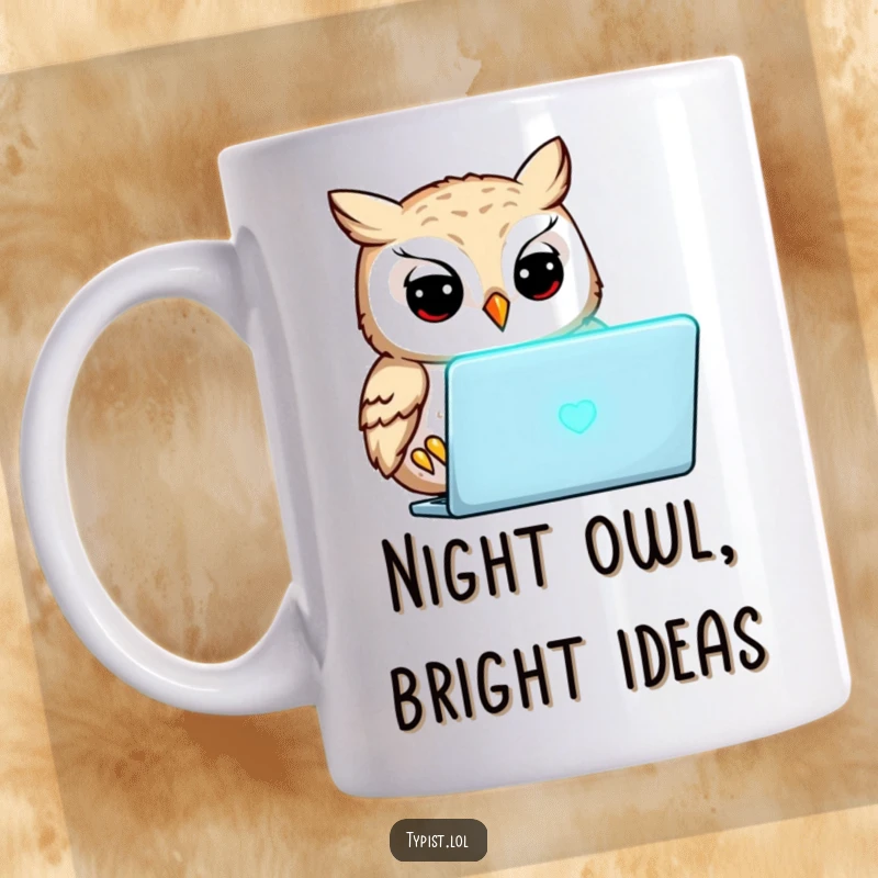 Funny, focused owl with big eyes, intently staring at a glowing laptop screen, wisdom and humor mug.