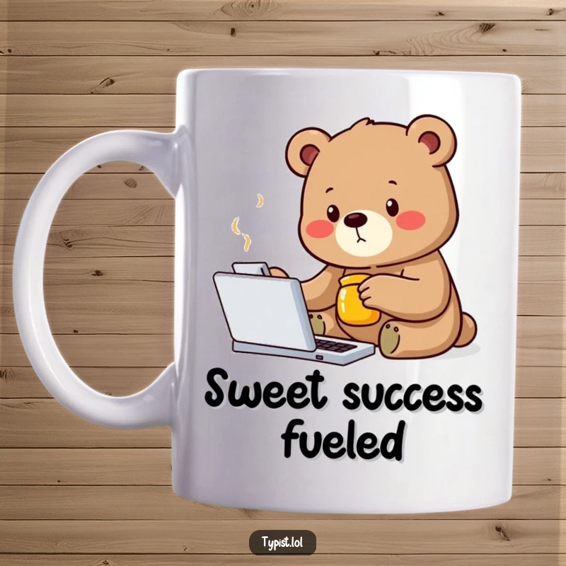 Funny bear mug showing a determined bear typing with one paw while clutching a honey jar, symbolizing focused effort.