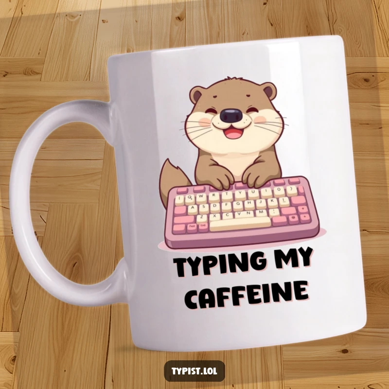 Funny mug showing a happy otter enthusiastically typing on a comically large keyboard with its paws, embodying focused work and joy.