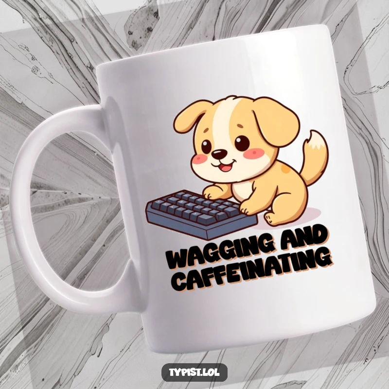 Funny Mug featuring a happy, tail-wagging dog with paws playfully pecking at a computer keyboard, a perfect blend of humor and tech.