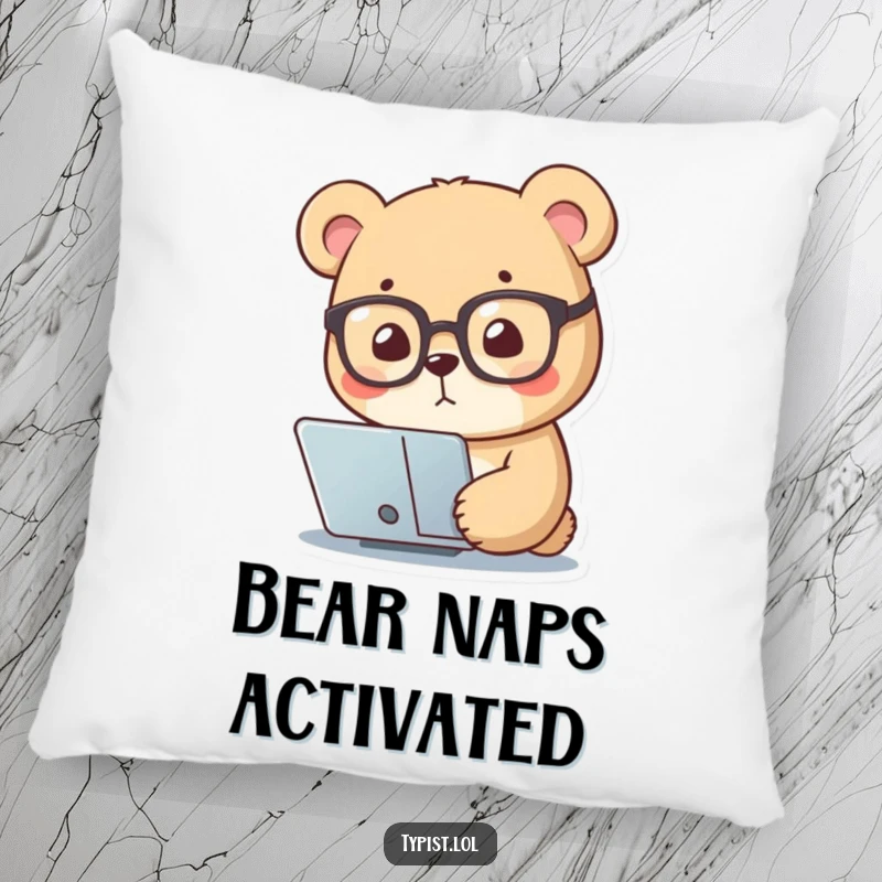 Funny pillow featuring a small bear wearing reading glasses, intently focusing on a screen, perfect for cozy intellectual humor.