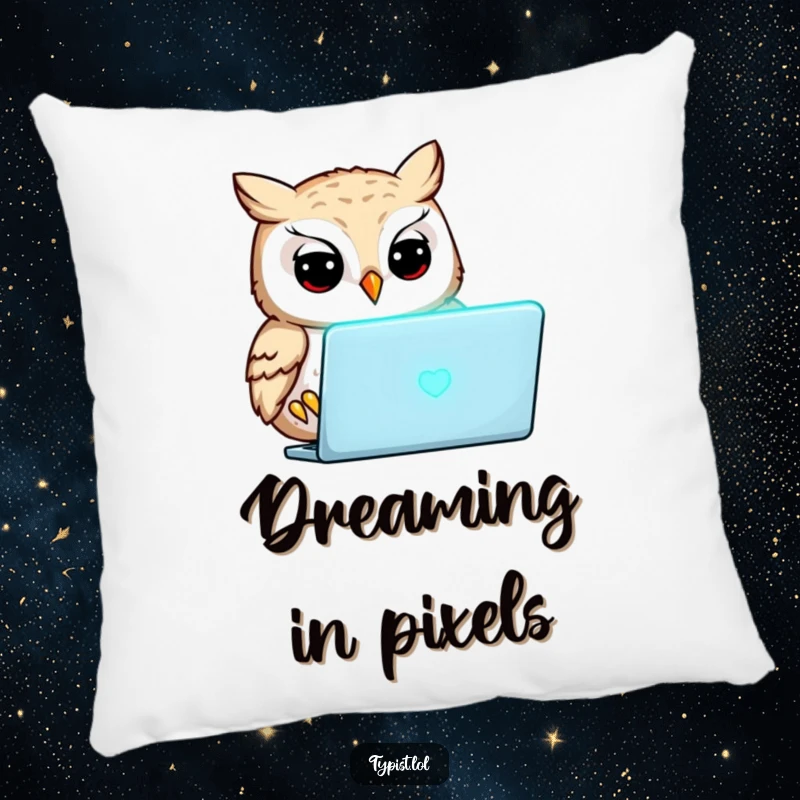 Funny owl concentrating on a glowing laptop screen, accent pillow, humorous and cozy home decor.